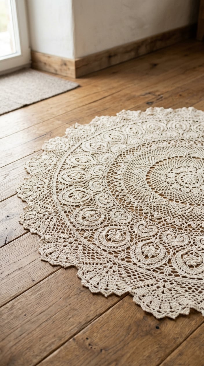A detailed vintage lace crochet carpet laid out on a wooden floor.