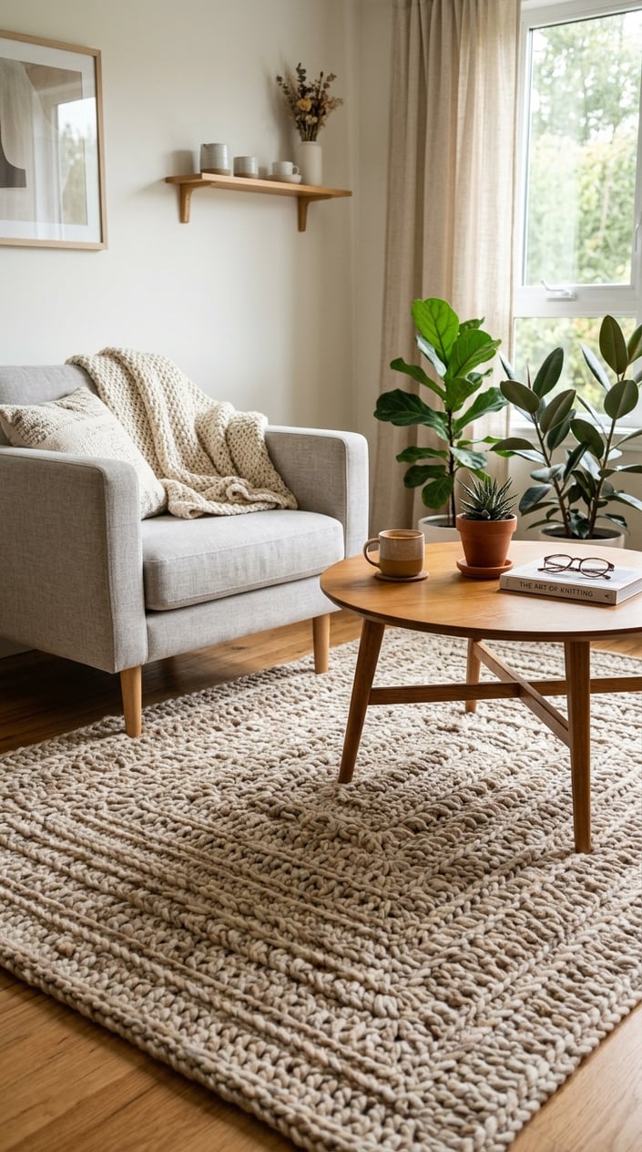 A cozy living room corner with a chunky yarn area rug, a wooden coffee table, and an armchair with a knitted throw.