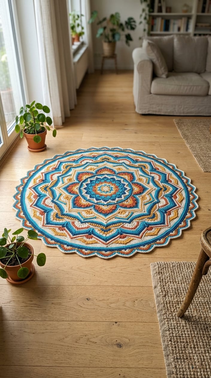 A circular crochet carpet with colorful intricate patterns displayed on a wooden floor in a cozy room setting.