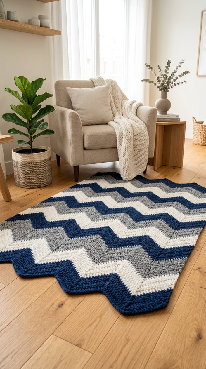 A striped chevron crochet carpet displayed on a wooden floor in a bright room with a plant, armchair, and side table nearby.