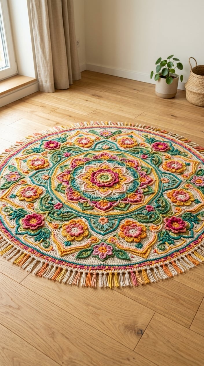 A colorful crochet carpet with bright floral patterns laid out on a wooden floor.