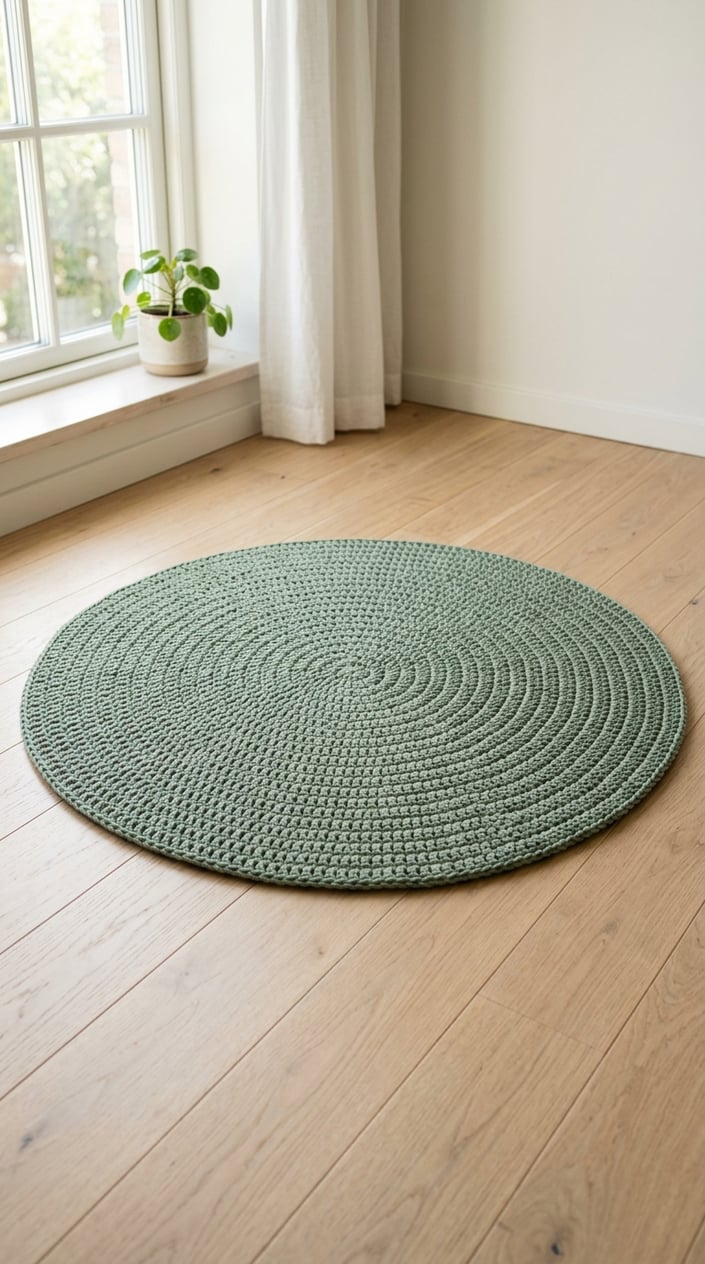 A solid color crochet carpet placed on a light wooden floor in a bright room with natural sunlight.