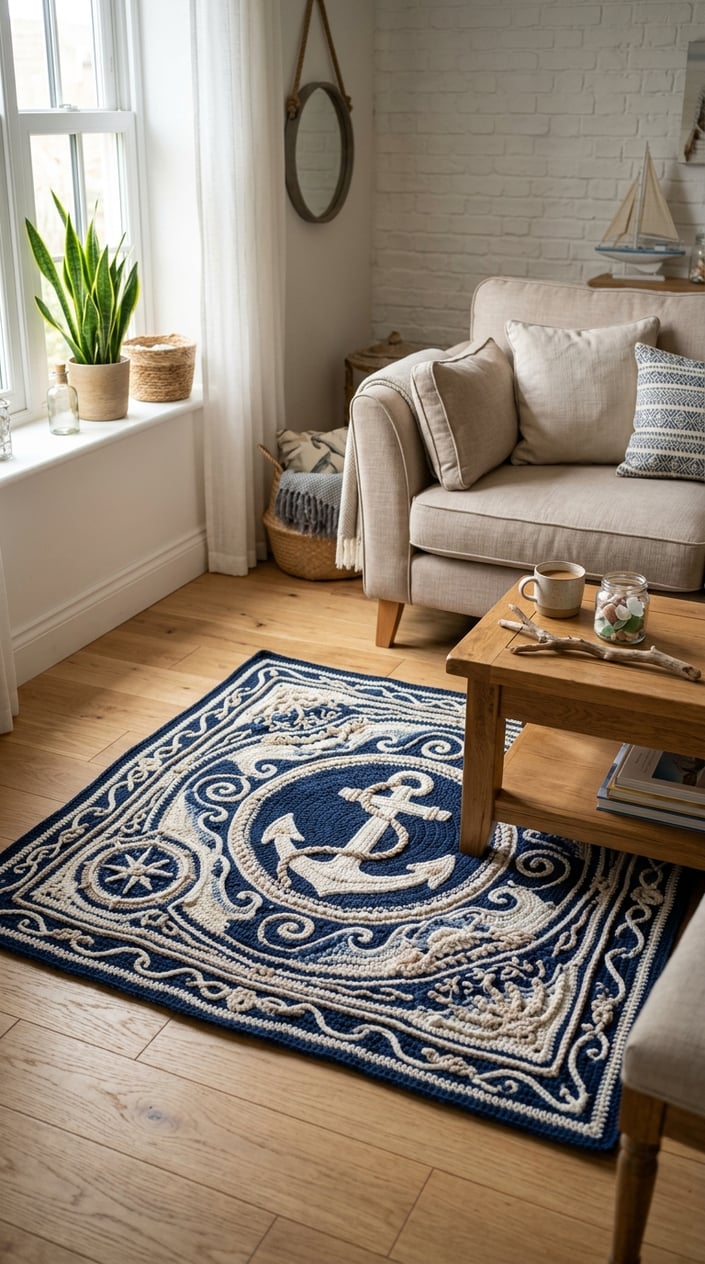 Living room with a nautical themed crochet rug on a wooden floor surrounded by coastal decor and natural light.