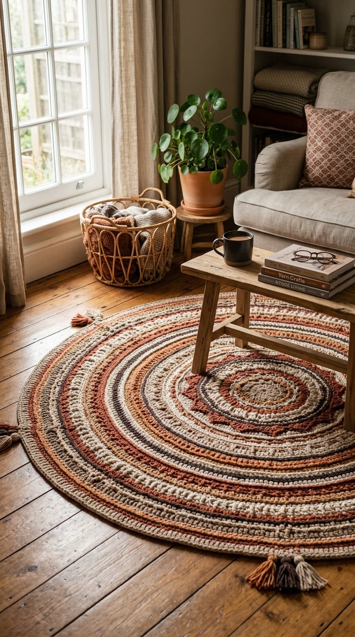 A warm earth tone crochet carpet on a wooden floor with natural light and simple home decor around it.