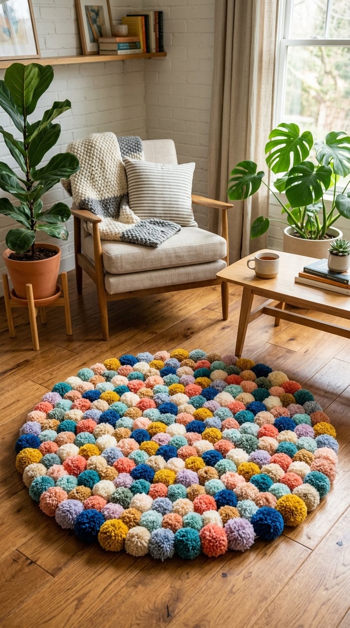 A colorful crochet pom-pom rug on a wooden floor in a cozy room with furniture and plants.