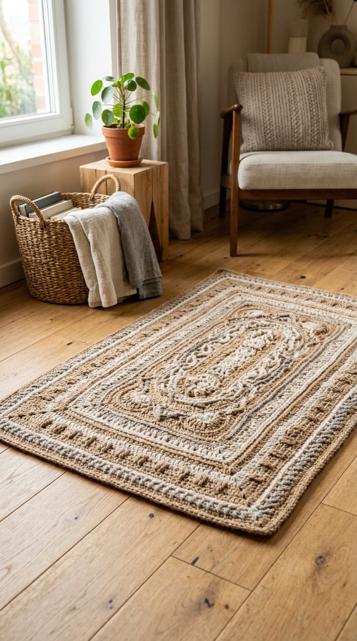 A crochet carpet made of jute and yarn on a wooden floor with a basket and a potted plant nearby.