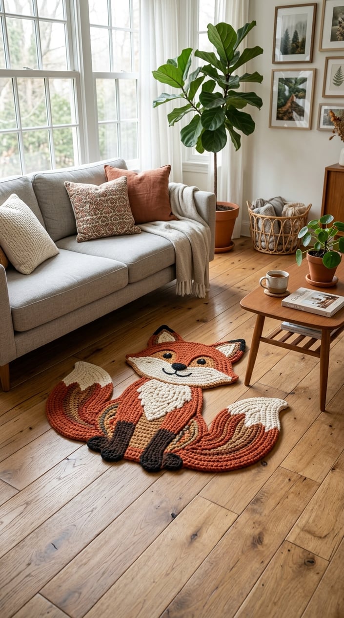 A colorful animal-shaped crochet rug on a wooden floor in a bright living room with a sofa, coffee table, and plants.