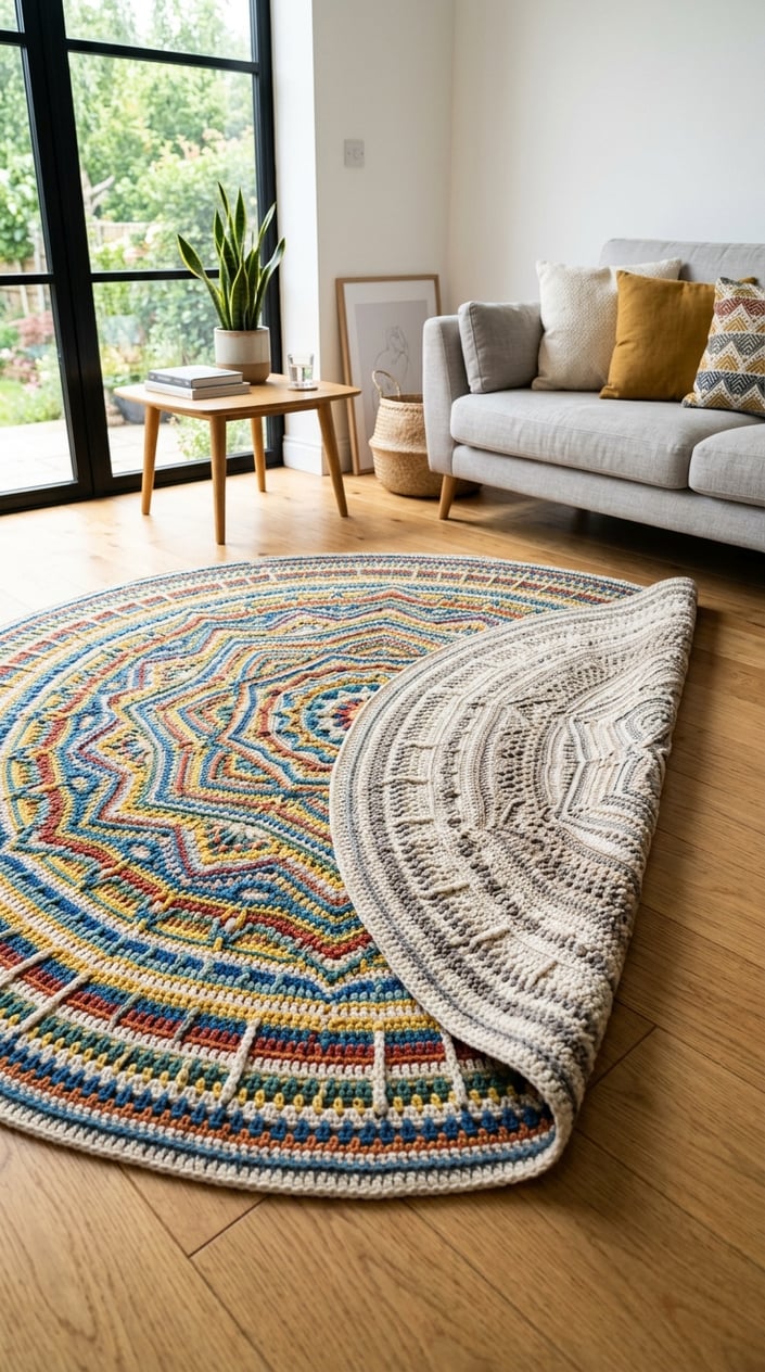 Reversible crochet carpet displayed on a wooden floor in a bright living room, showing both colorful and neutral sides.
