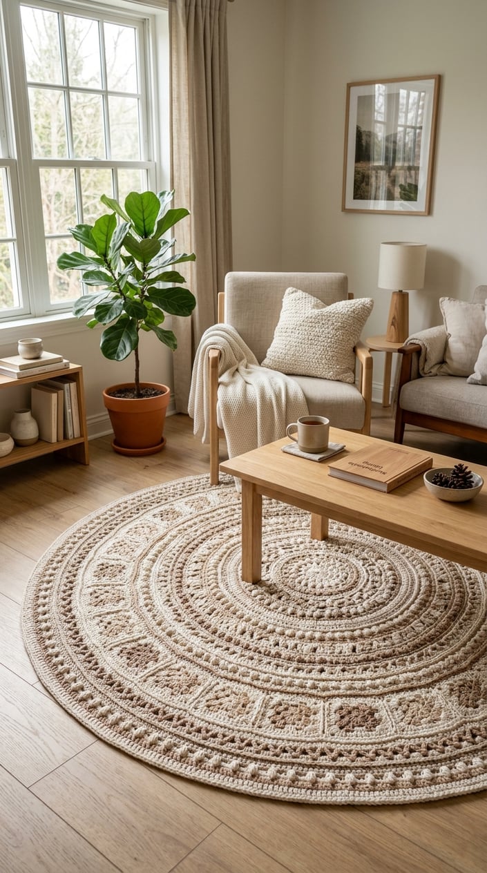 A cozy living room with a crochet cotton yarn rug on the floor, surrounded by a wooden coffee table, cushions, and a potted plant.