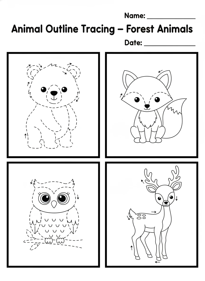 Mixed Animal Outline Tracing with a Forest Scene Row
