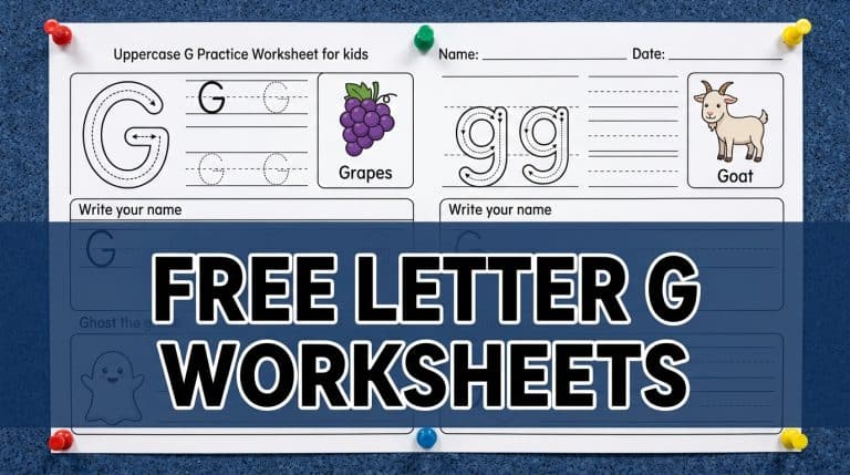 Free printable uppercase and lowercase letter G worksheets designed for young kids learning to write.