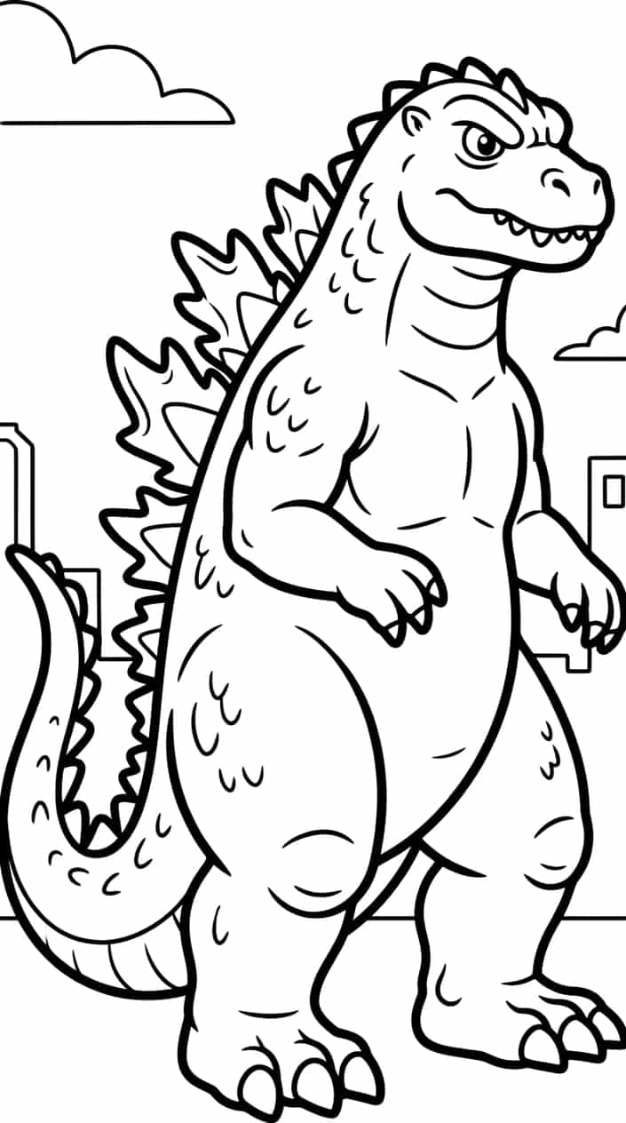 Godzilla coloring page showing the monster standing upright with spiked dorsal plates and a long tail