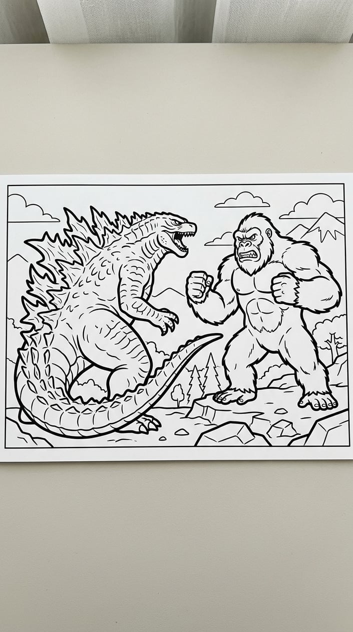 Godzilla Vs Kong Battle Coloring Page Godzilla vs Kong coloring page showing both monsters facing each other in battle stances