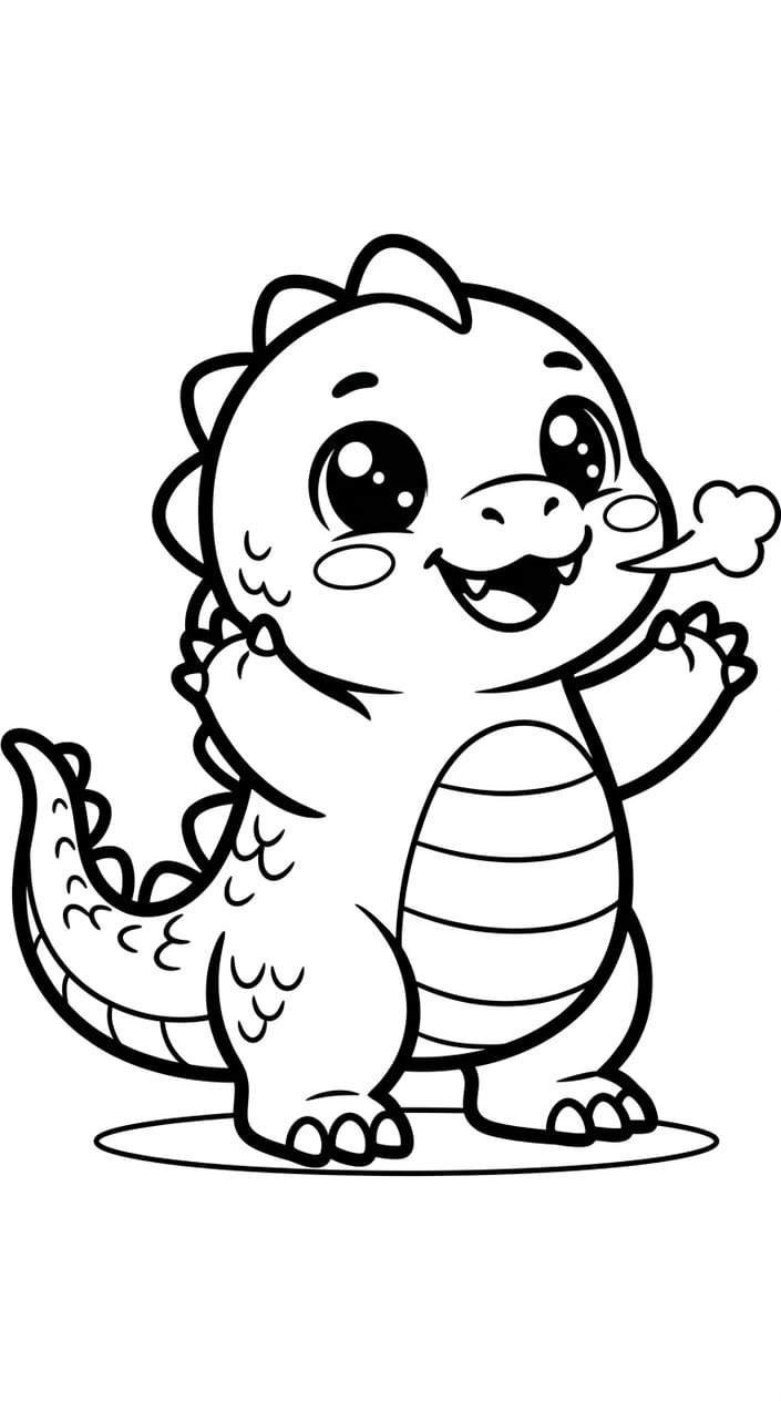 Cute chibi Godzilla coloring page with big eyes, short limbs, and a friendly expression for young kids