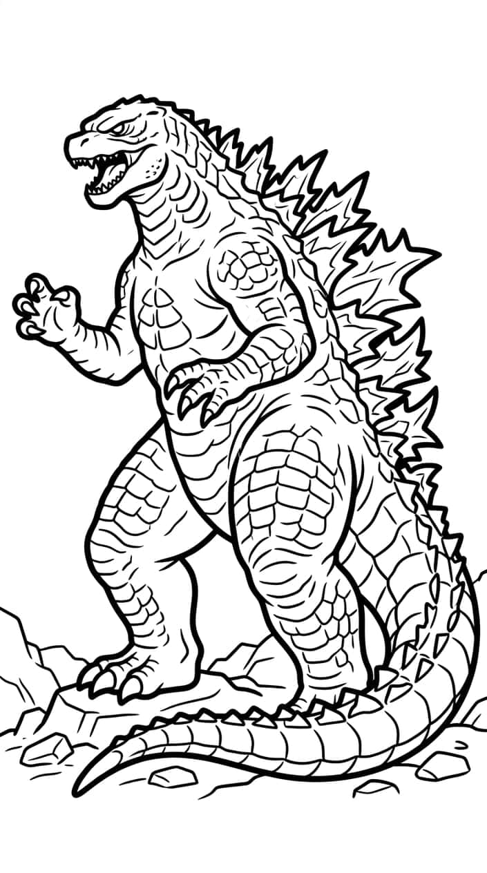 Realistic Legendary Godzilla coloring page with detailed scales, layered dorsal plates, and extended tail