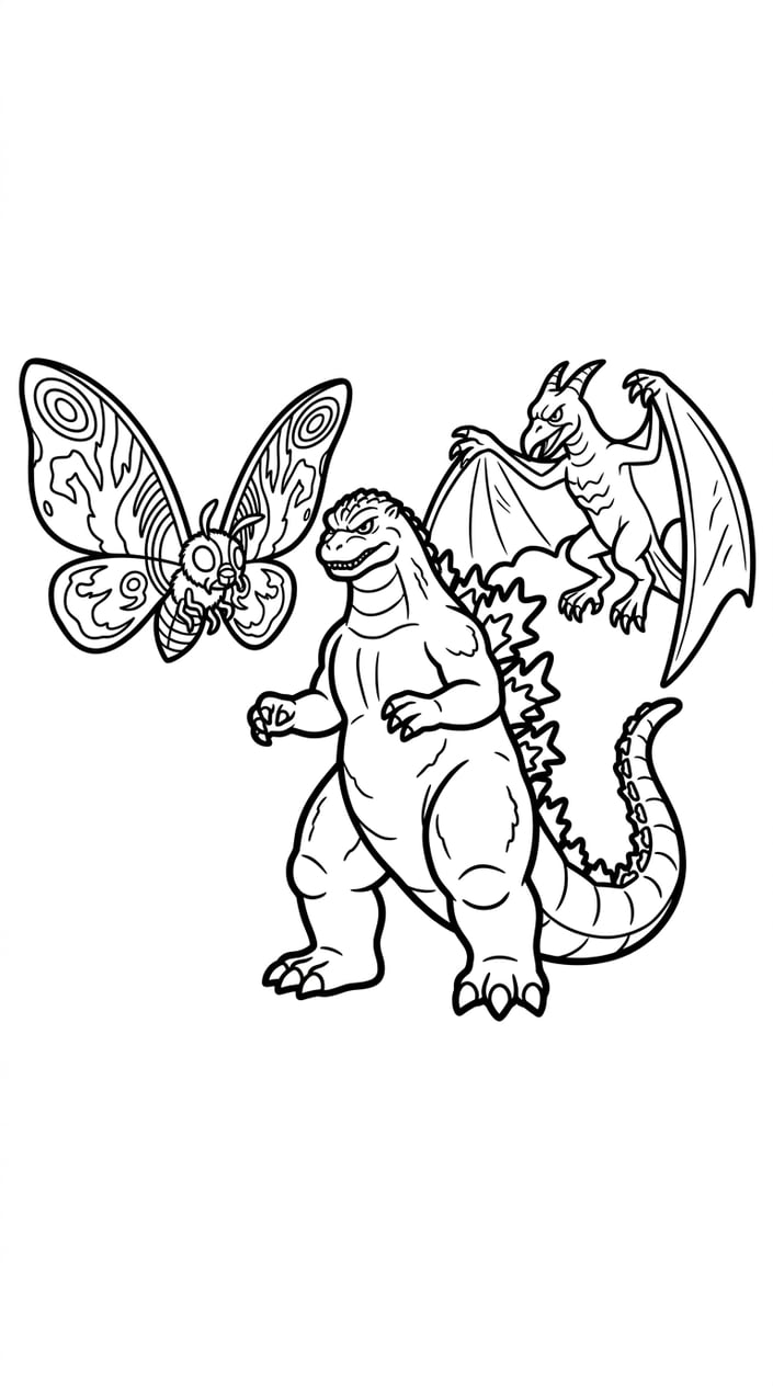 Mothra Rodan And Godzilla Coloring Page Kaiju coloring page featuring Mothra with wide wings, Rodan flying, and Godzilla standing together