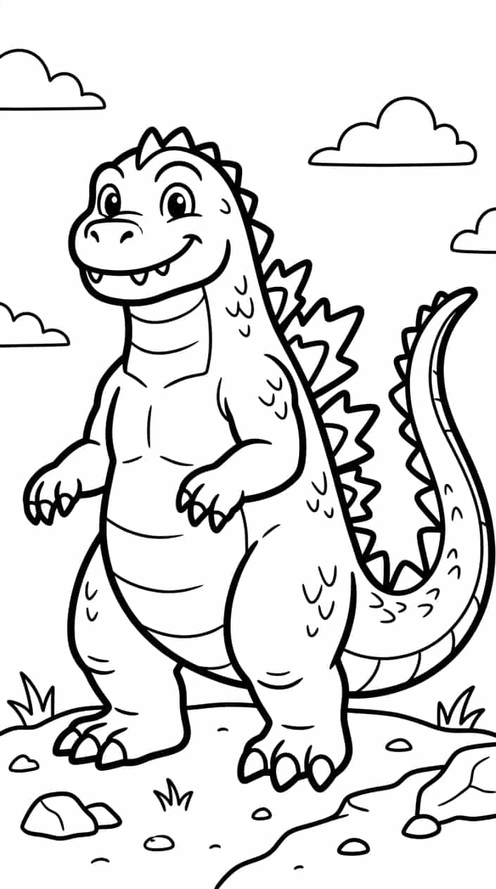 Printable Godzilla coloring page with the monster standing upright showing prominent dorsal plates and a long tail