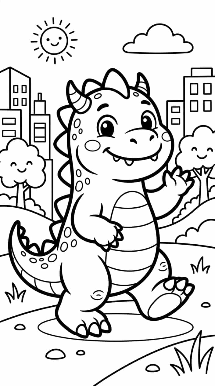 Playful Godzilla coloring page with the monster standing near simple city buildings and trees