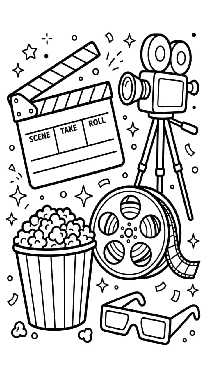 A collection of movie items including a film clapperboard, vintage movie camera, film reel, popcorn bucket, and 3D glasses arranged together.