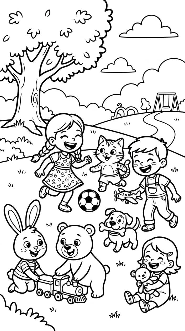 A group of happy animated characters playing together in a park.