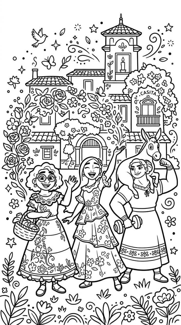 A joyful scene with characters surrounded by flowers and magical nature elements.