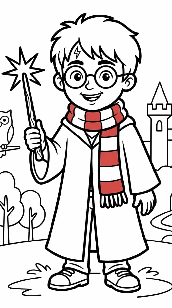 A young wizard wearing round glasses and a robe, holding a wand with a magical spark, and wearing a scarf.