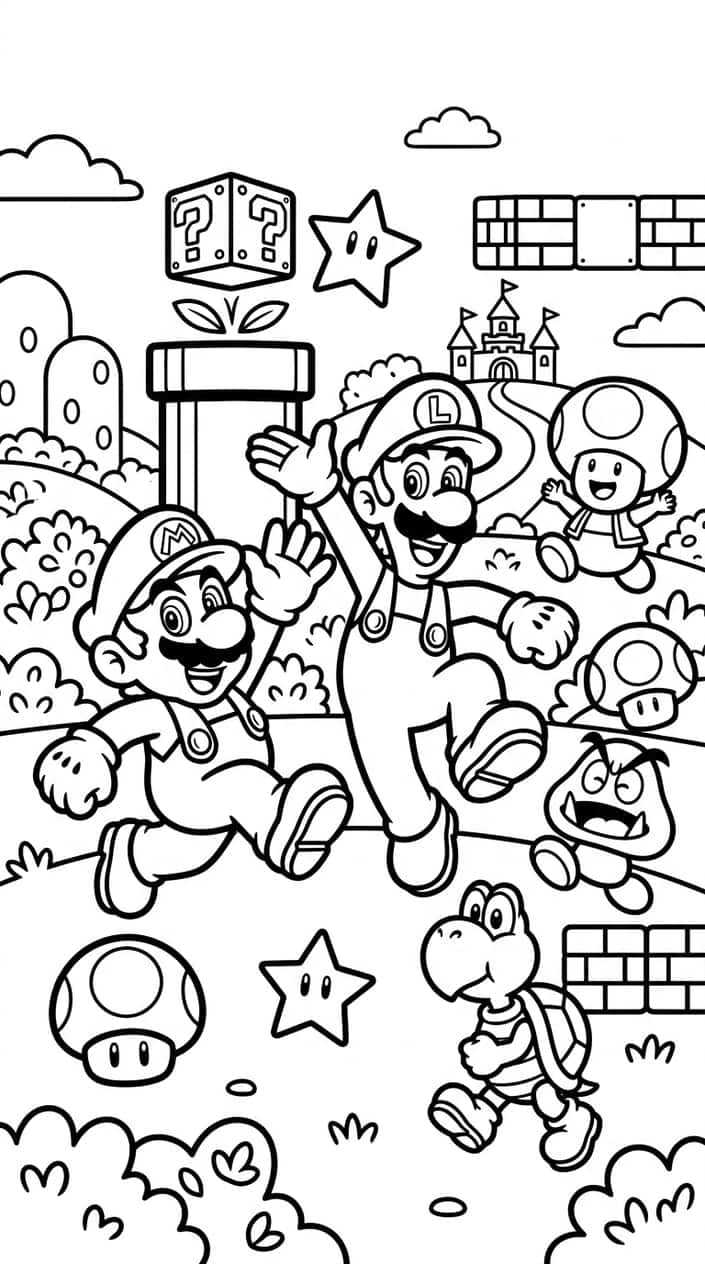 Mario and Luigi standing together with mushrooms, stars, and pipes around them.