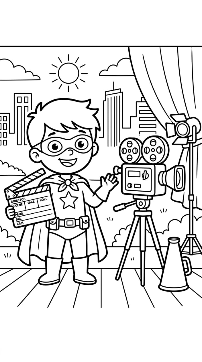 A cartoon character dressed as a movie star holding a clapperboard next to a classic film camera.