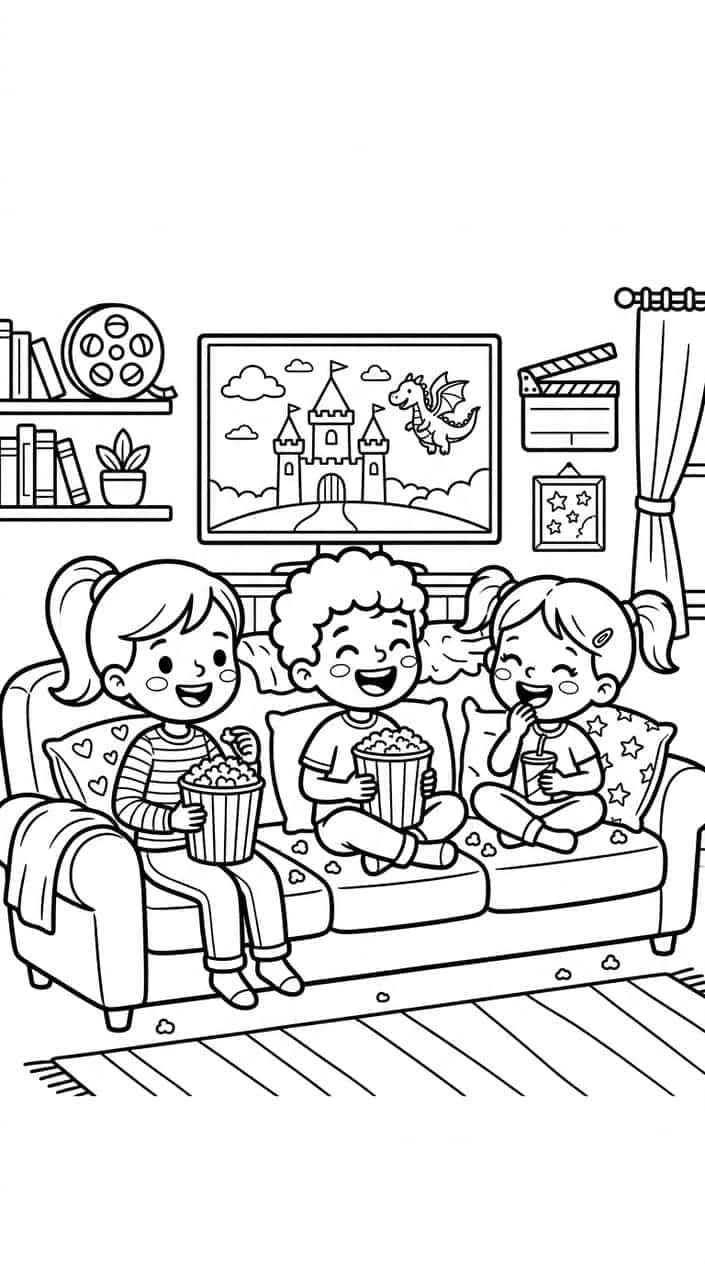 Children sitting together watching a movie on a large screen in a cozy living room, holding popcorn and smiling.