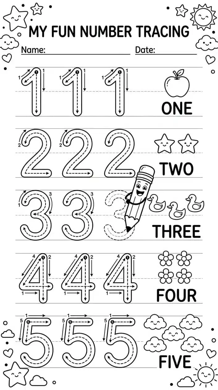 Free Dotted Number Tracing Worksheets Printable for Kids 1 Dotted Number Tracing Rows for Numbers 1 to 10