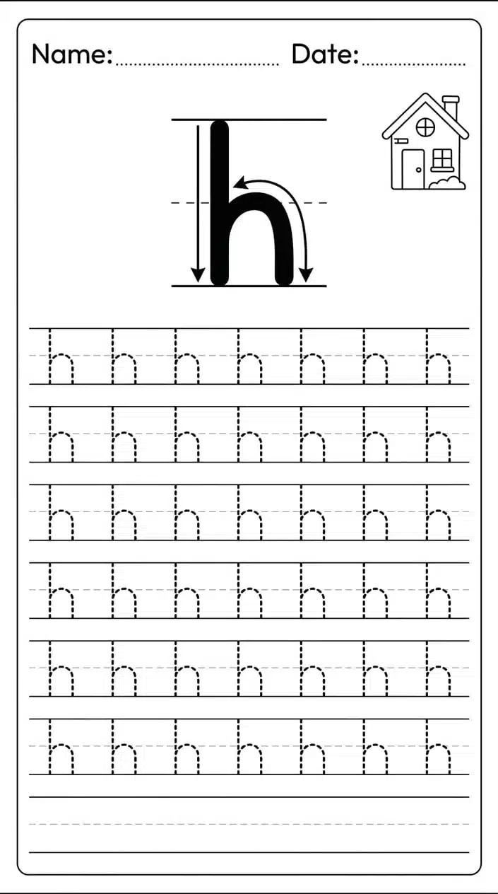 Free Uppercase and Lowercase Letter H Worksheets for Kids 2 Lowercase h Tracing Practice