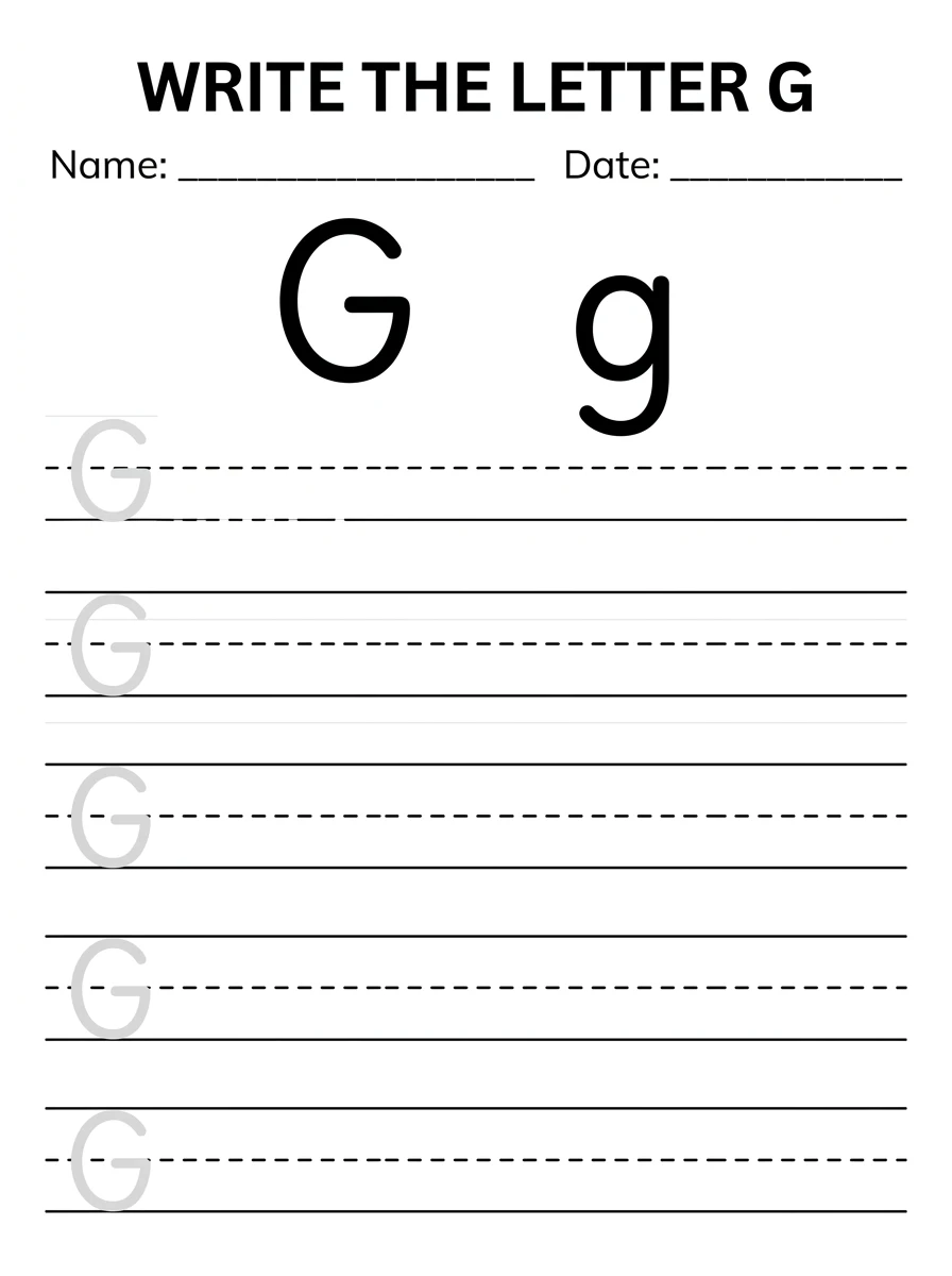 Letter G Writing Practice Sheet