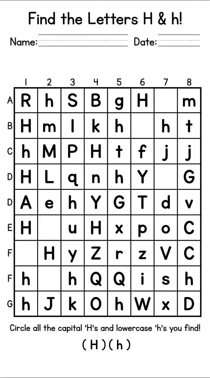 Free Uppercase and Lowercase Letter H Worksheets for Kids 6 Letter H Recognition Grid