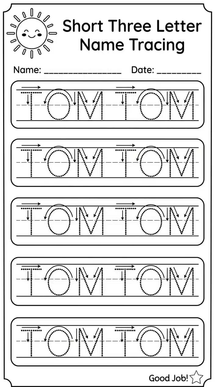 Free Name Tracing Worksheets Printable for Preschoolers 7 Short Three Letter Name Tracing Rows